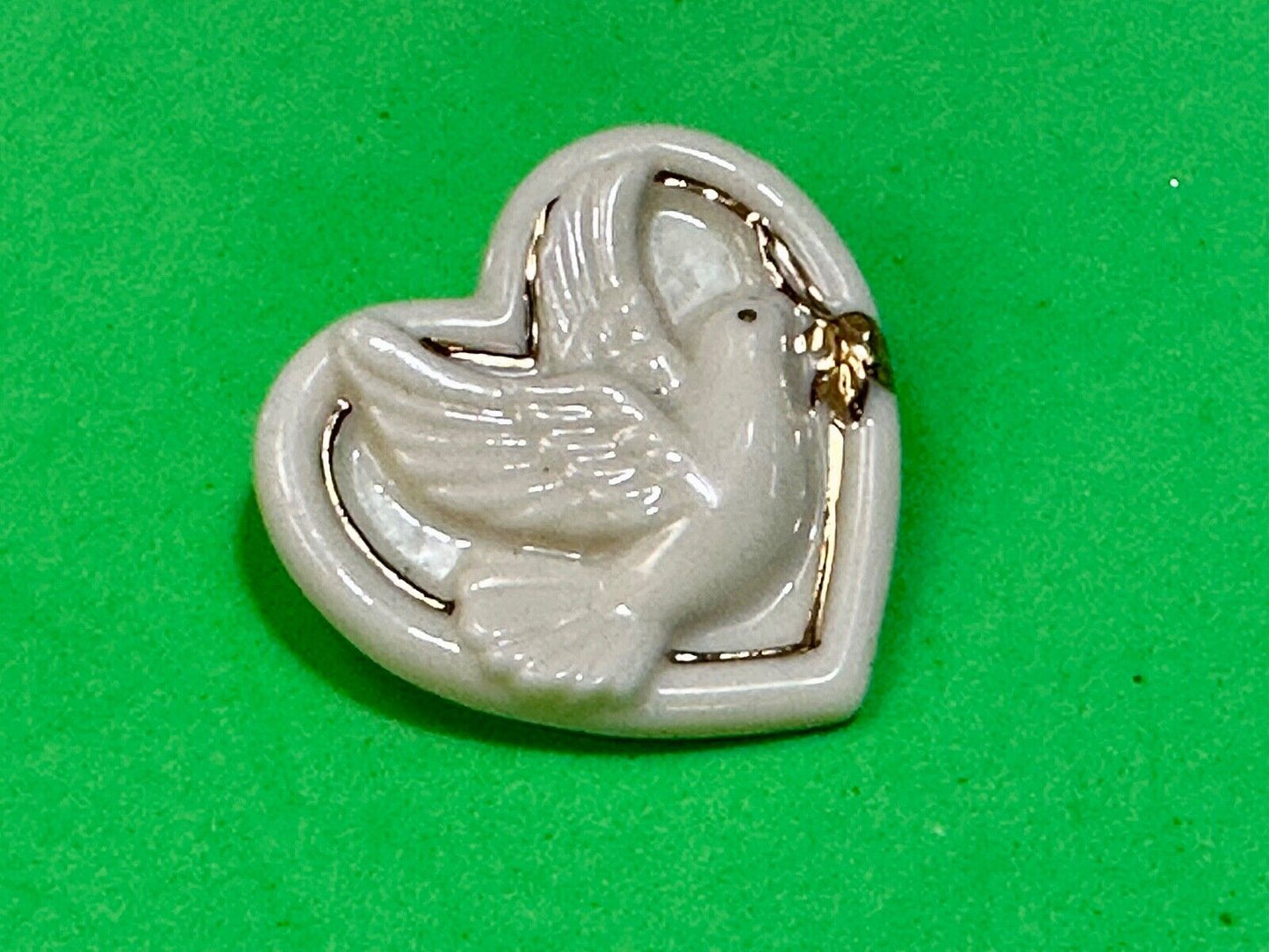 Vintage Lenox Heart Shaped Brooch with Peace Dove & Olive Branch, Gold Trim