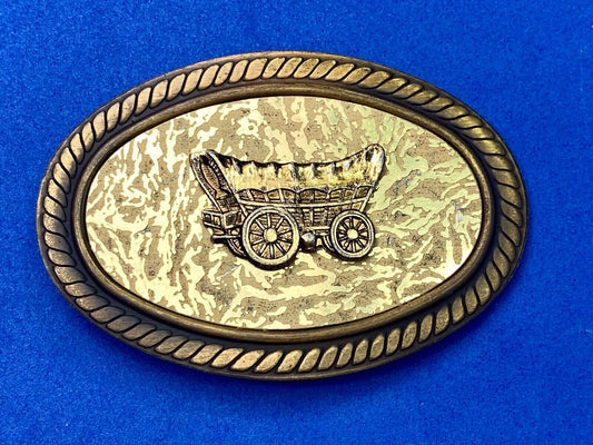 Vintage Cowboys Covered Wagon Colorful Oval Belt Buckle -  Thick Rope Boarder 