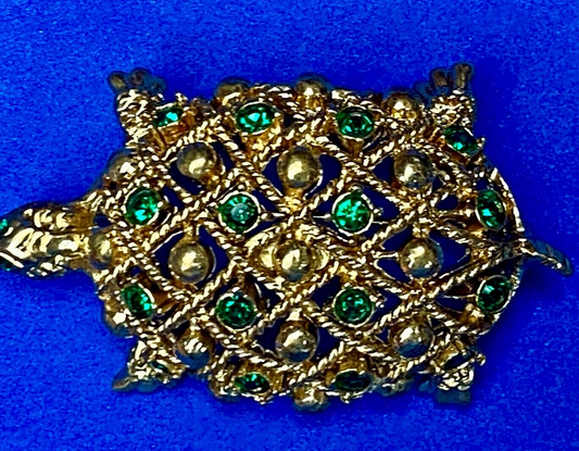 Turtle - Vintage Green Rhinestone Accented Gold Tone Brooch Pin by Allison Reed