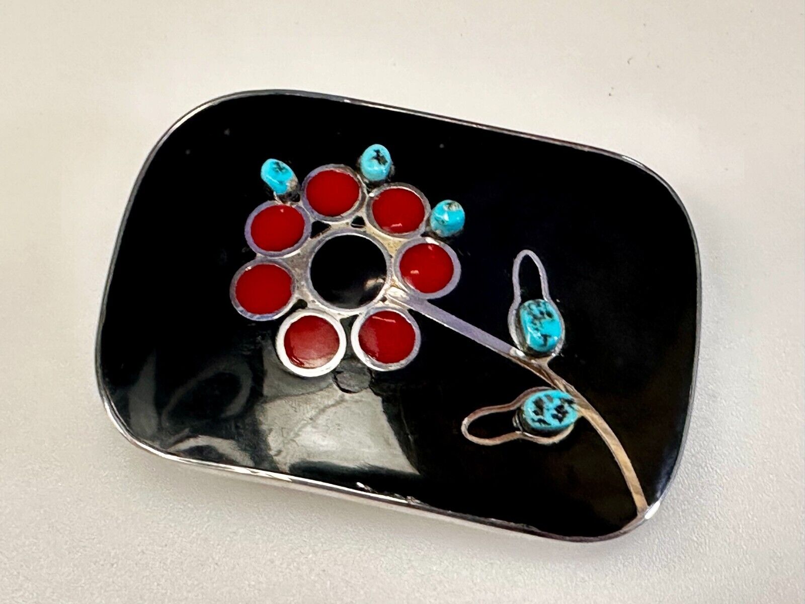 Turquoise Stone Floral Theme Native American Indian Artisan Silver Belt Buckle
