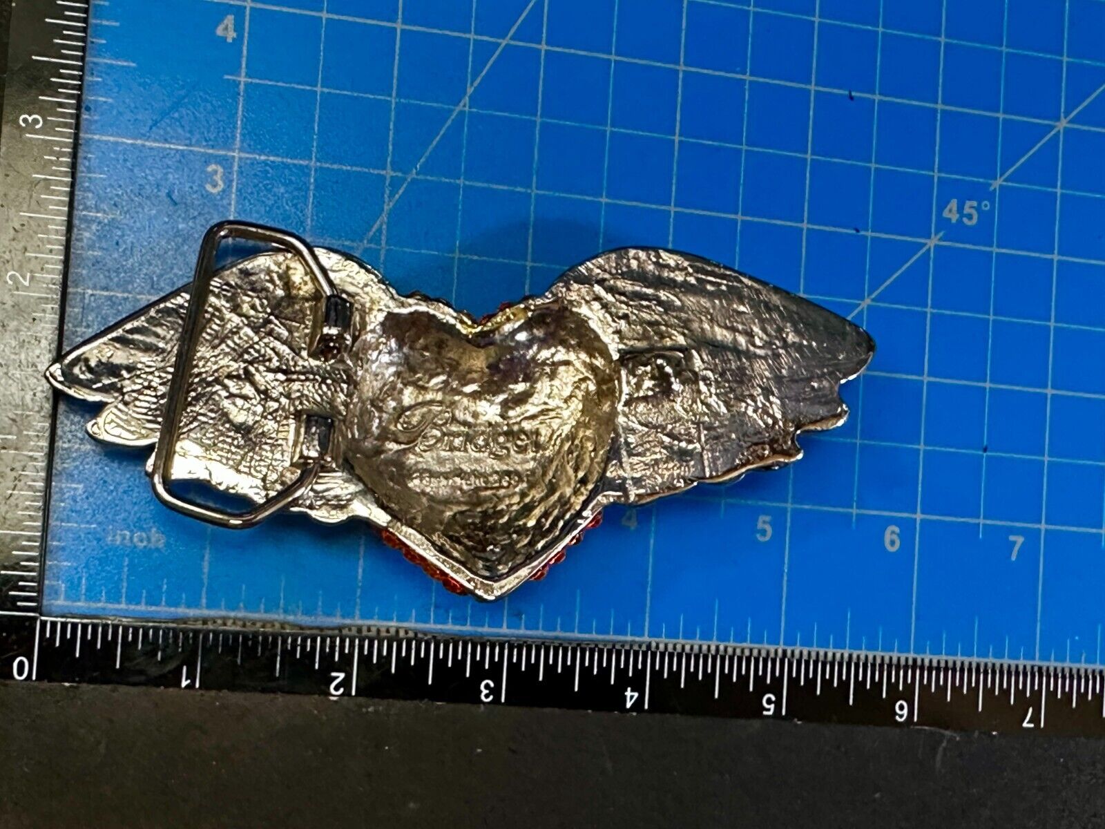 Angel Wings Orange Heart Shaped Rhinestone Covered 2001 Bridget Belt Buckle