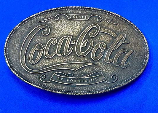 VINTAGE 1970s **COCA-COLA 5 CENTS AT FOUNTAINS** SODA POP BELT BUCKLE