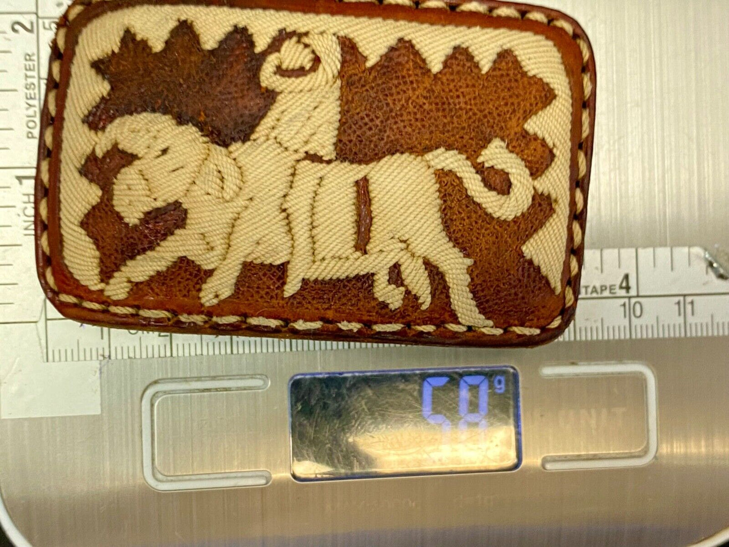 Vintage Fabric Stitched Belt Buckle  Rodeo Cowboy On Wild Bull