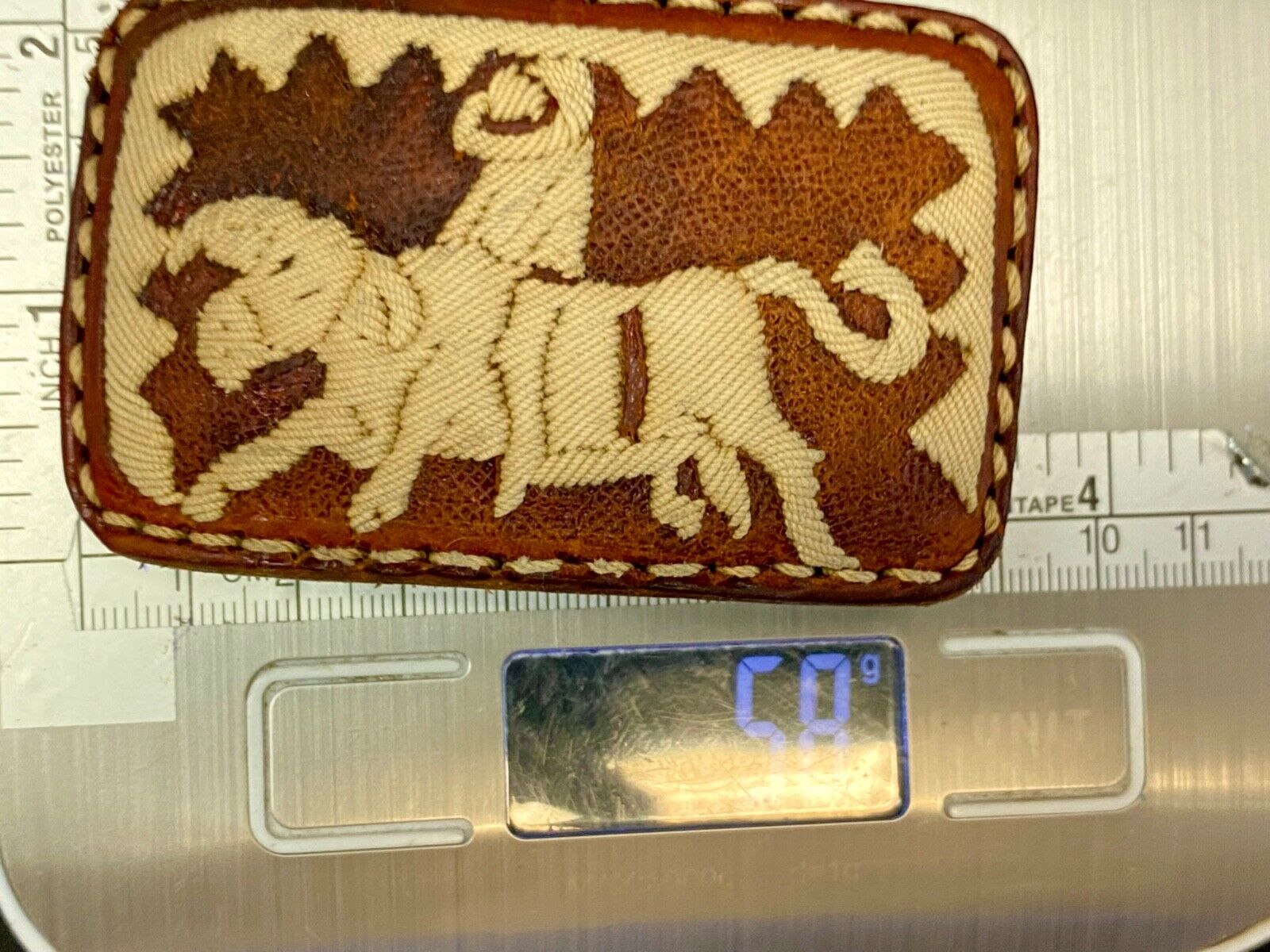 Vintage Fabric Stitched Belt Buckle  Rodeo Cowboy On Wild Bull