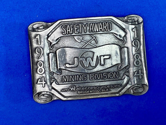 Vintage 1984 Jwr Safety Award Mining Division Belt Buckle No Lost Time Accidents