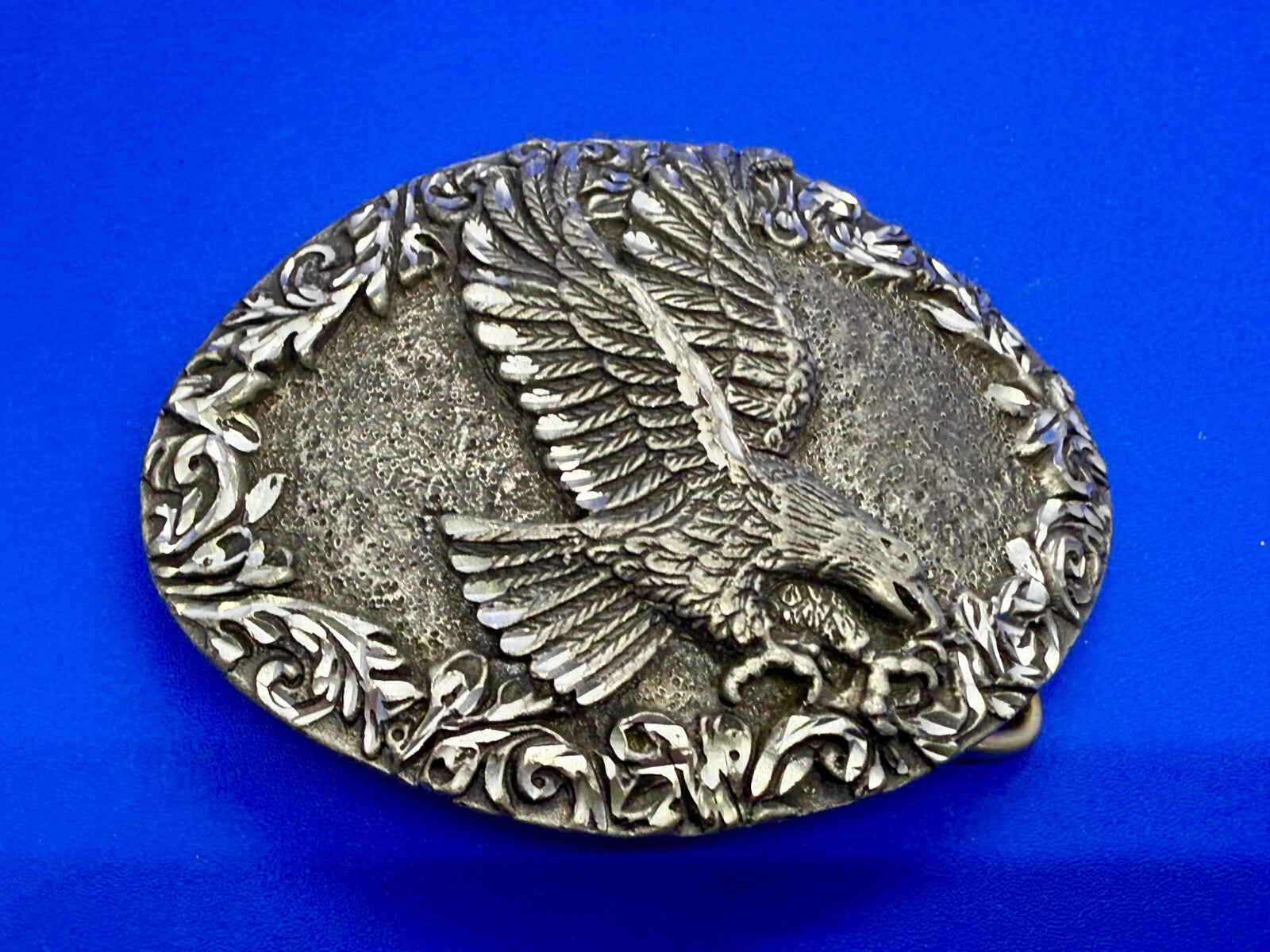 3D Flying American Bald Eagle Swirl Ornate Border Carved 1993 EGE Belt Buckle