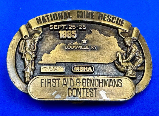 1985 National Mine Rescue Louisville KY MSHA First Aid contest belt buckle