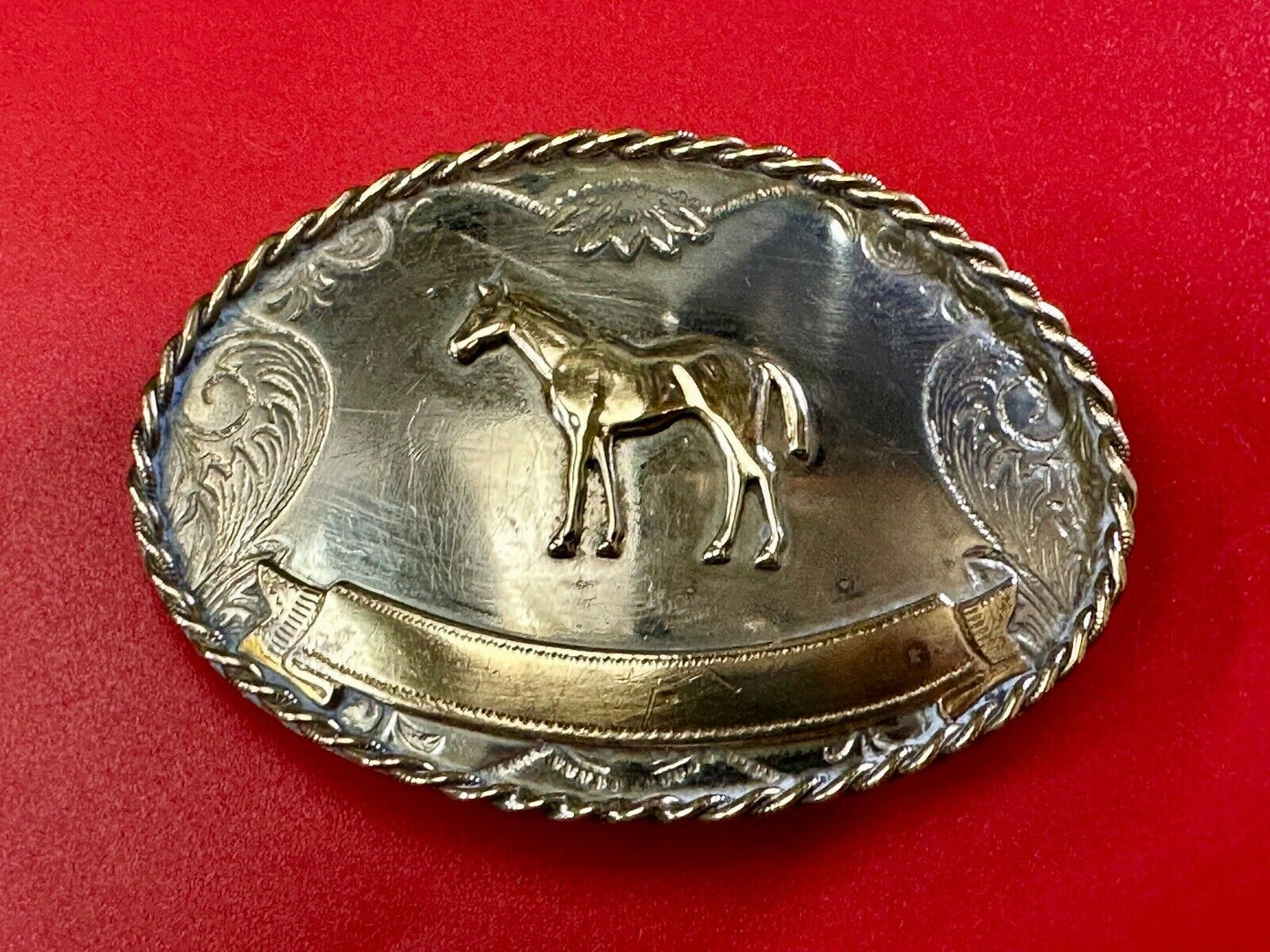 Vintage German Silver Standing Horse Engravable Trophy Award scroll belt buckle