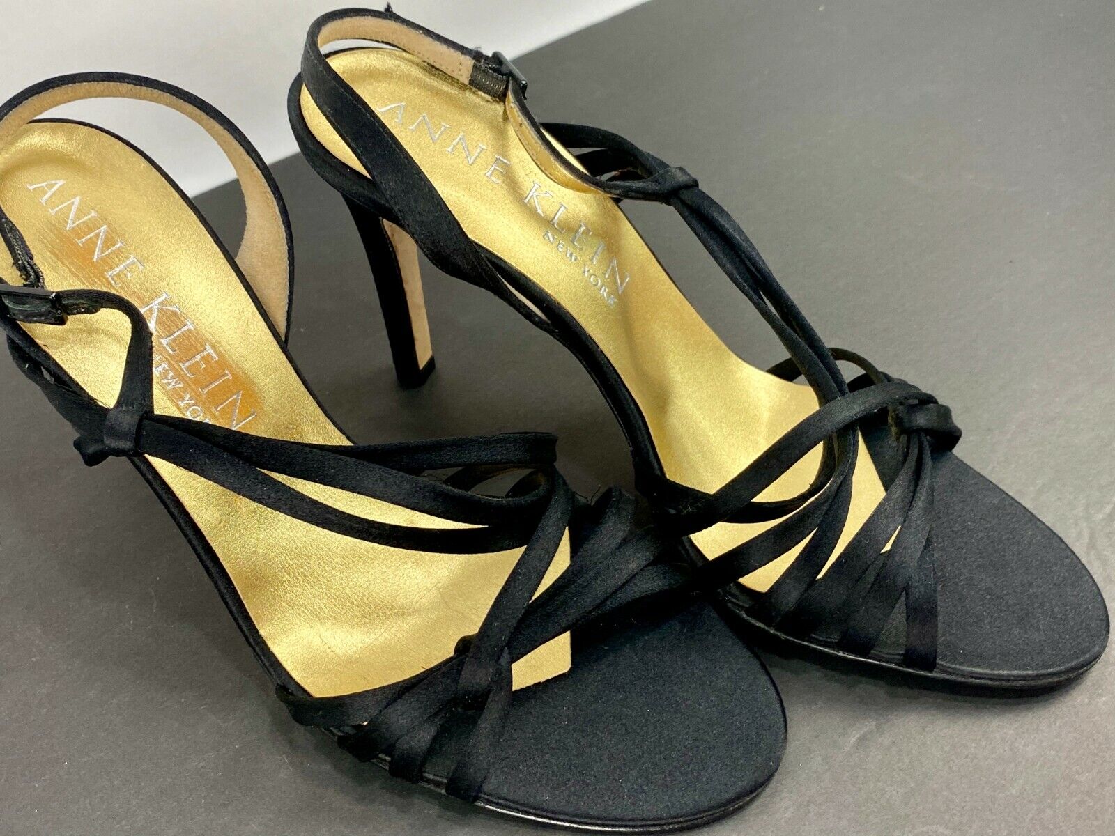ANNE KLEIN Black Satin Strappy Dress 4" Heels Sandals Stiletto 8 M
