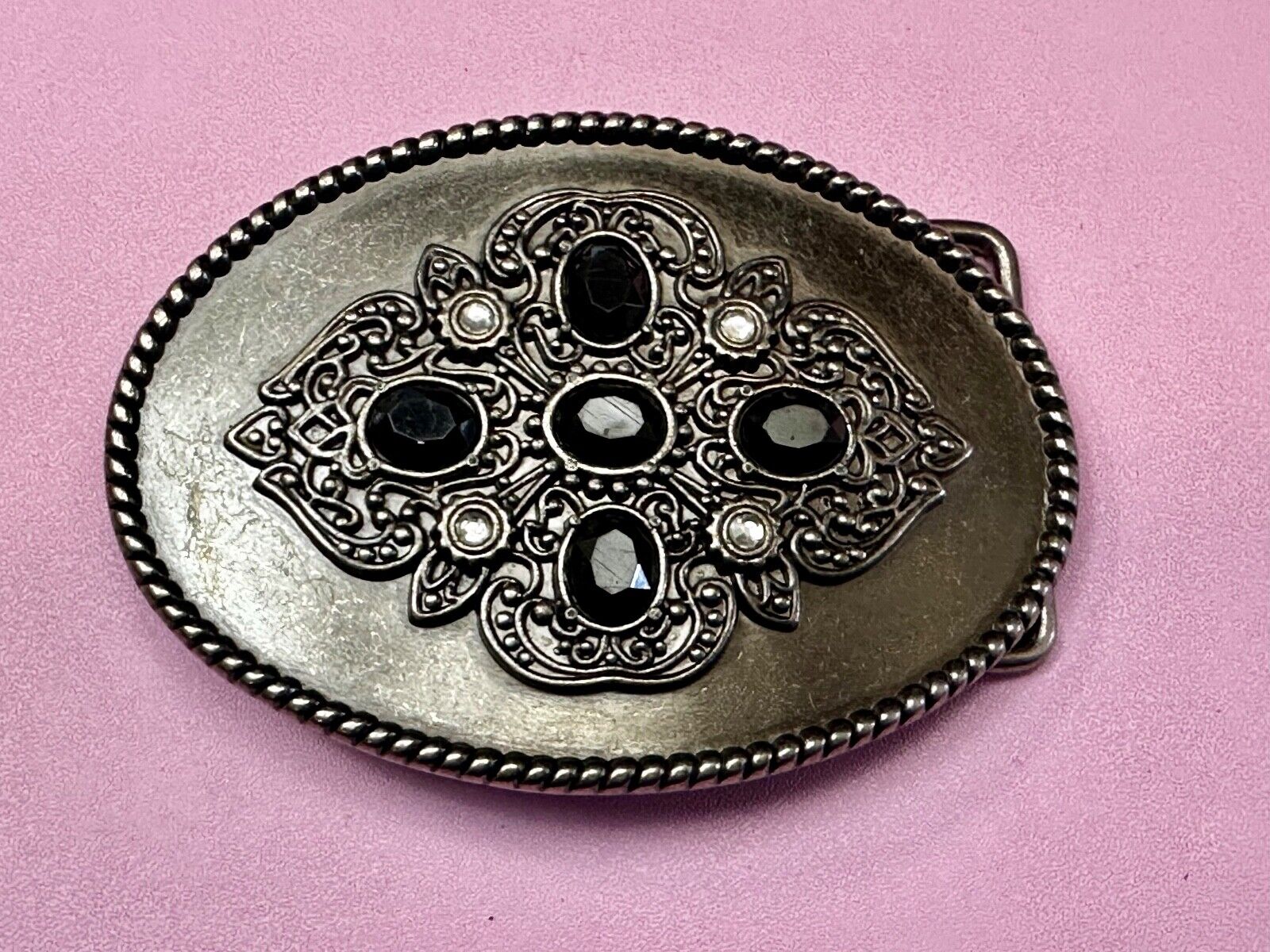 Black & White Rhinestones on Ornate Western Oval Belt Buckle with Rope Border