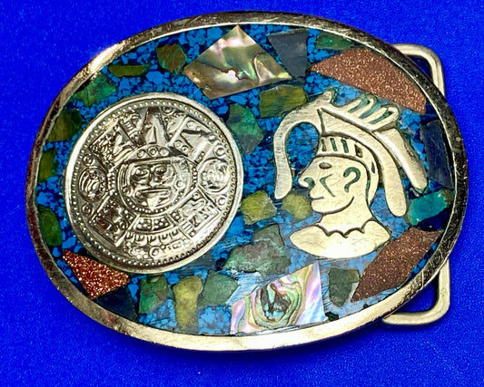 Aztec Mayan Calendar Coin Turquoise Inlay Mexico Sterling Silver Belt Buckle