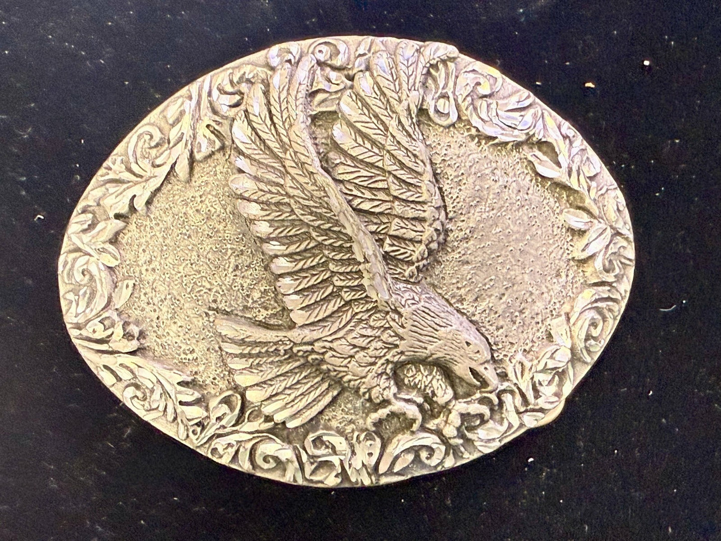 3D Flying American Bald Eagle Swirl Ornate Border Carved 1993 EGE Belt Buckle