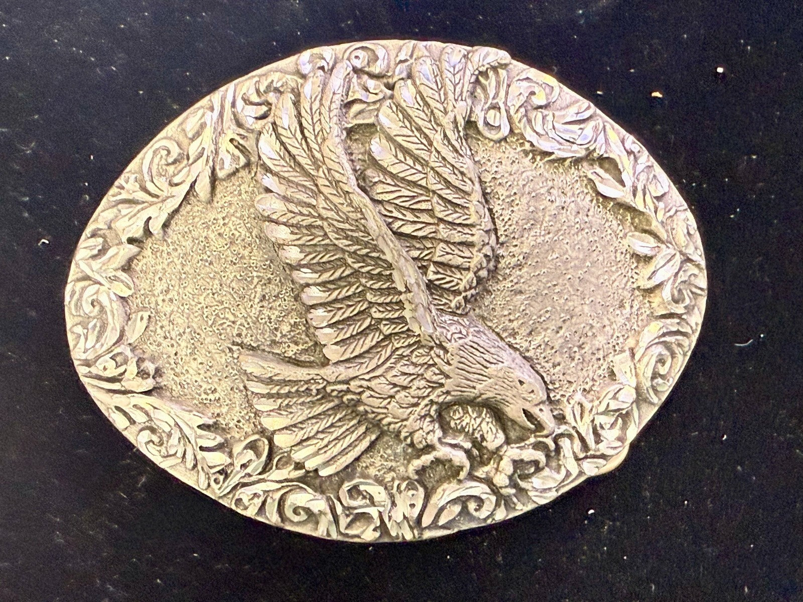 3D Flying American Bald Eagle Swirl Ornate Border Carved 1993 EGE Belt Buckle