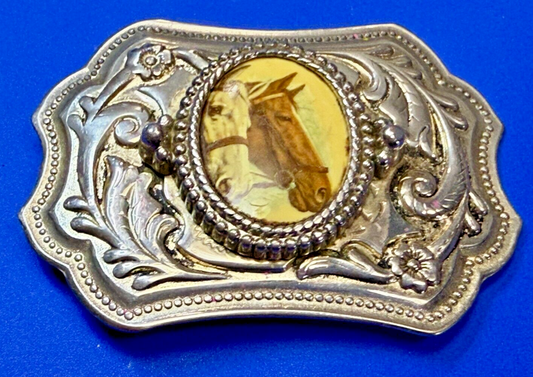 Beautiful Two Horse Head Picture Cabochon Centerpiece Western Ornate Belt Buckle