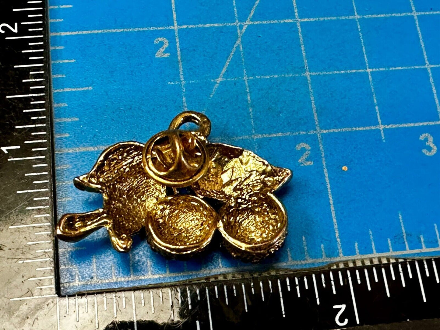 Two Cherries Cluster Fruits Vtg. Rhinestone Covered Figural Gold Tone Brooch Pin