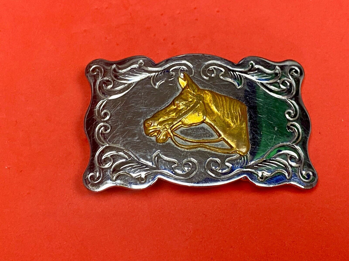 Two Tone Ornate Boarder Horse Head Western Rodeo Cowgirl Cowboys Belt Buckle