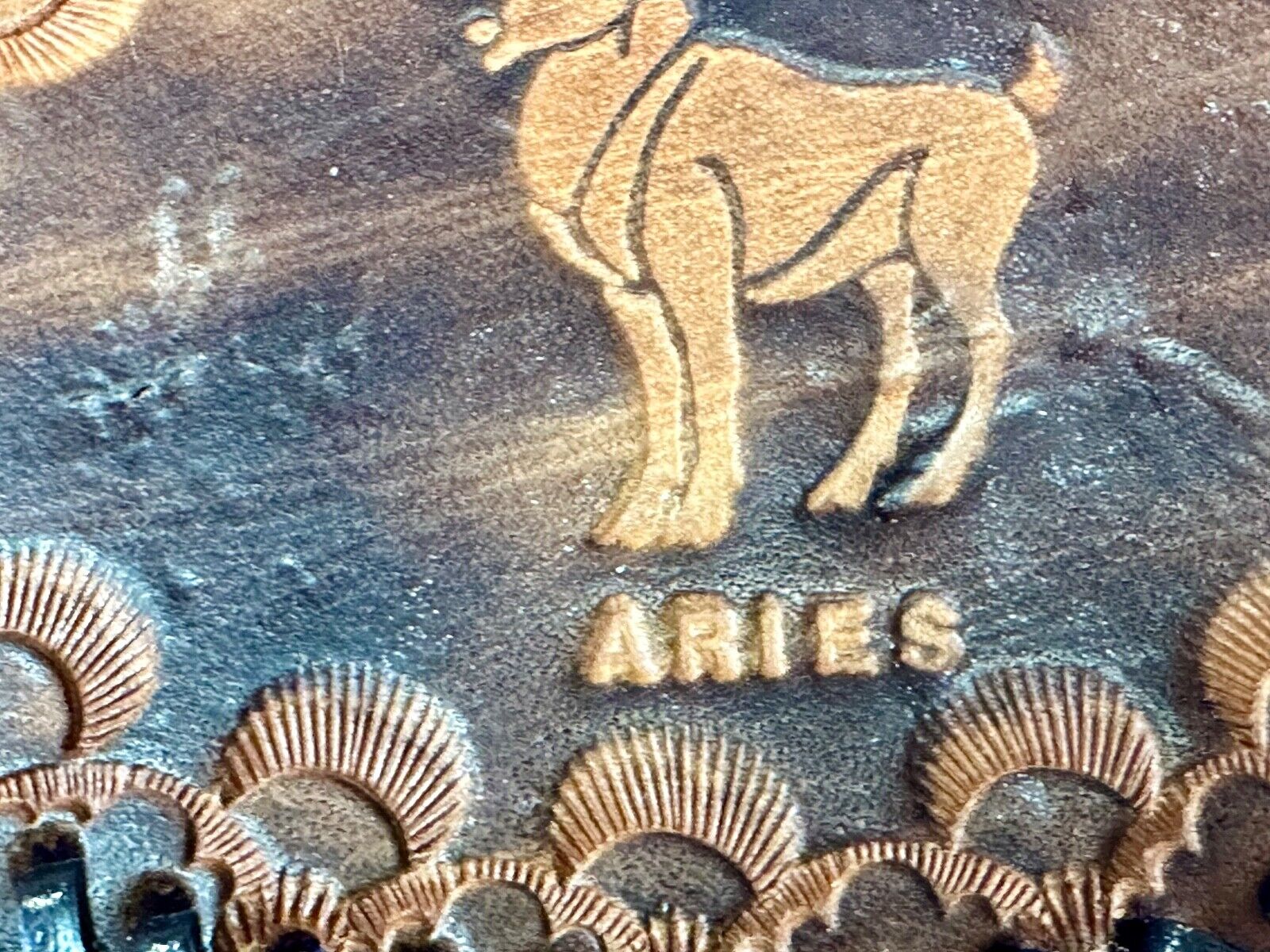 Aries Leather Oval Astrology Belt Buckle Vintage Hand Stitched Tooled Ram Horns