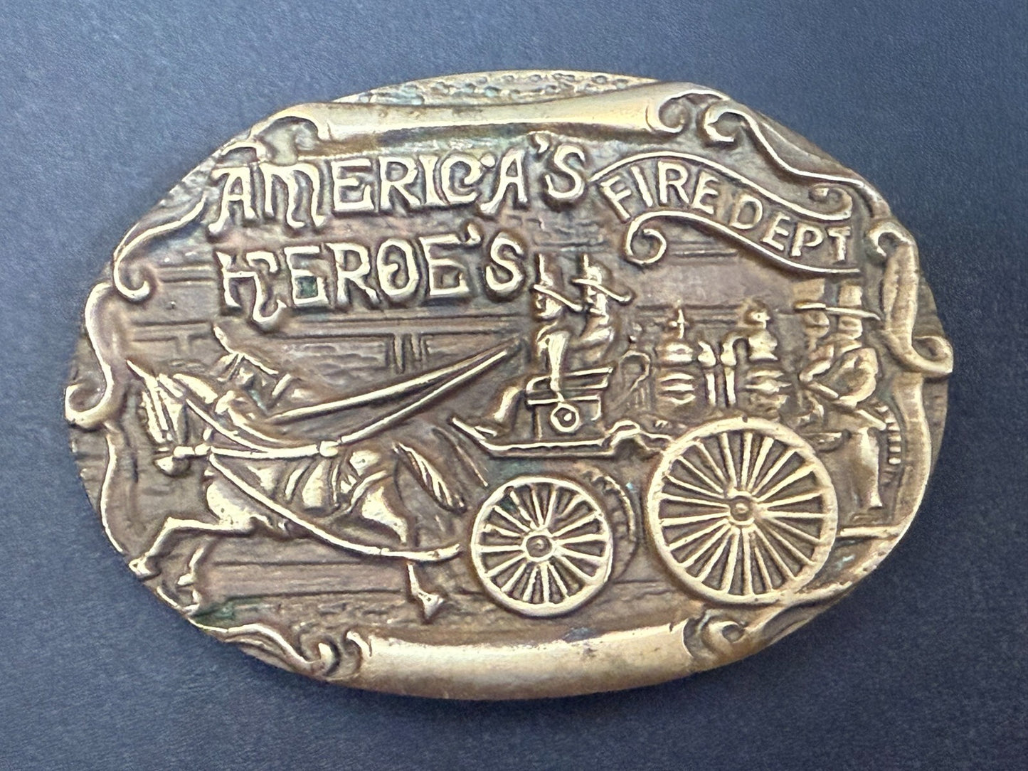 America's Heroes Fire Department Fireman Truck Wagon Solid Brass Belt Buckle