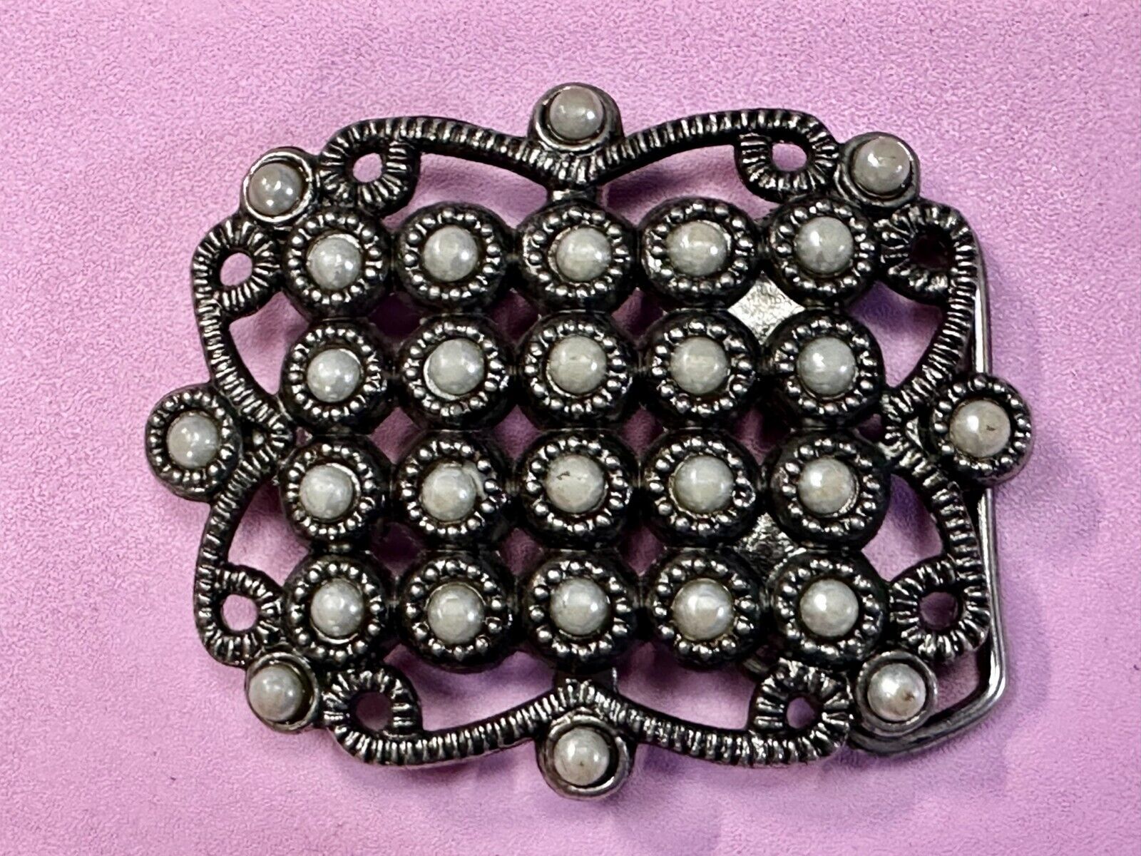 Victorian Style Faux Pearl Accented See-Trough Gray Metal Belt Buckle