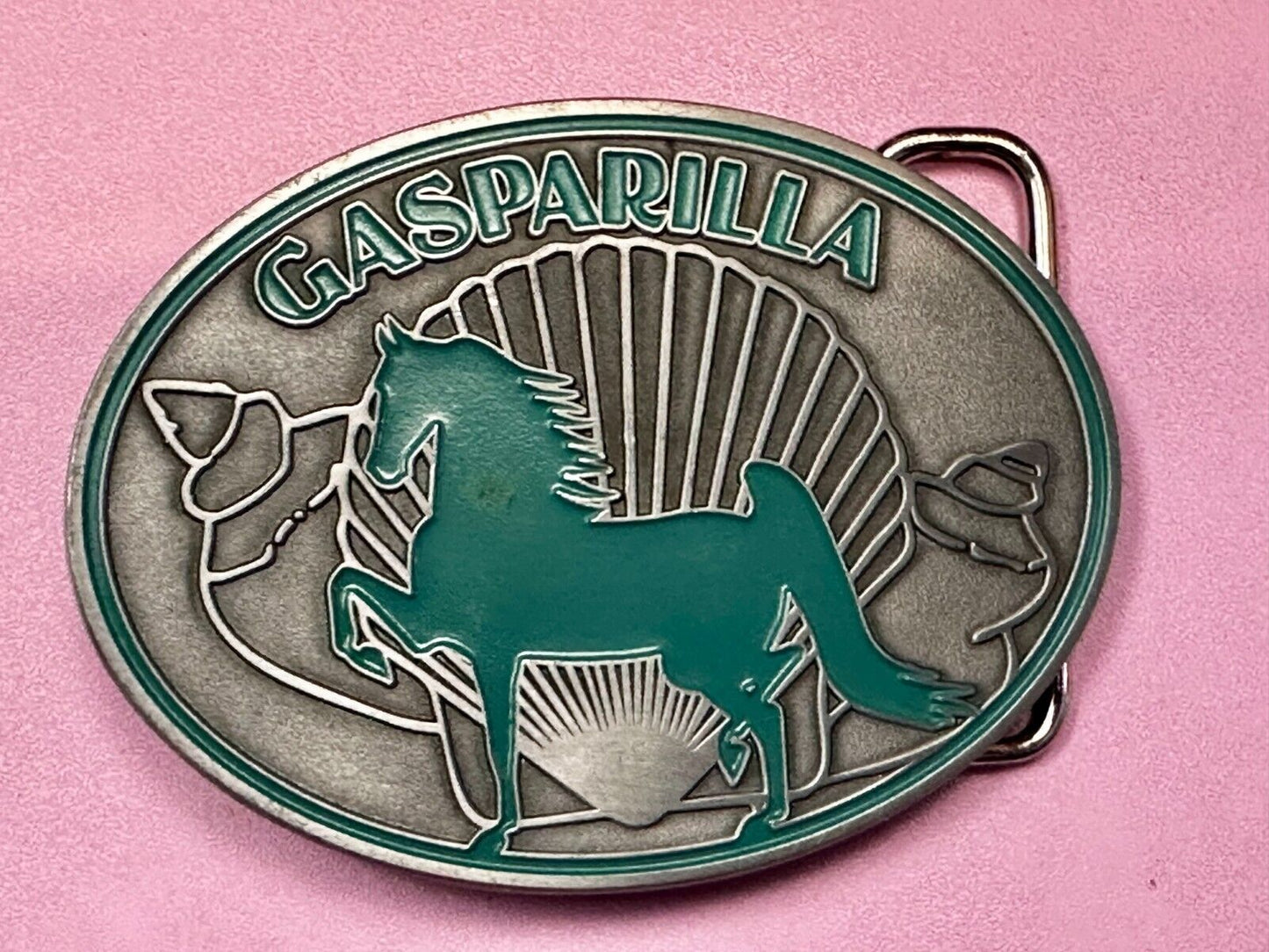 Gasparilla Horse Stallion W/ Sea Shells Green Enameled Accents Belt Buckle