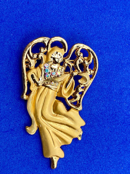 Vintage Angel Brooch Pin Gold Tone Rhinestones Signed AAI