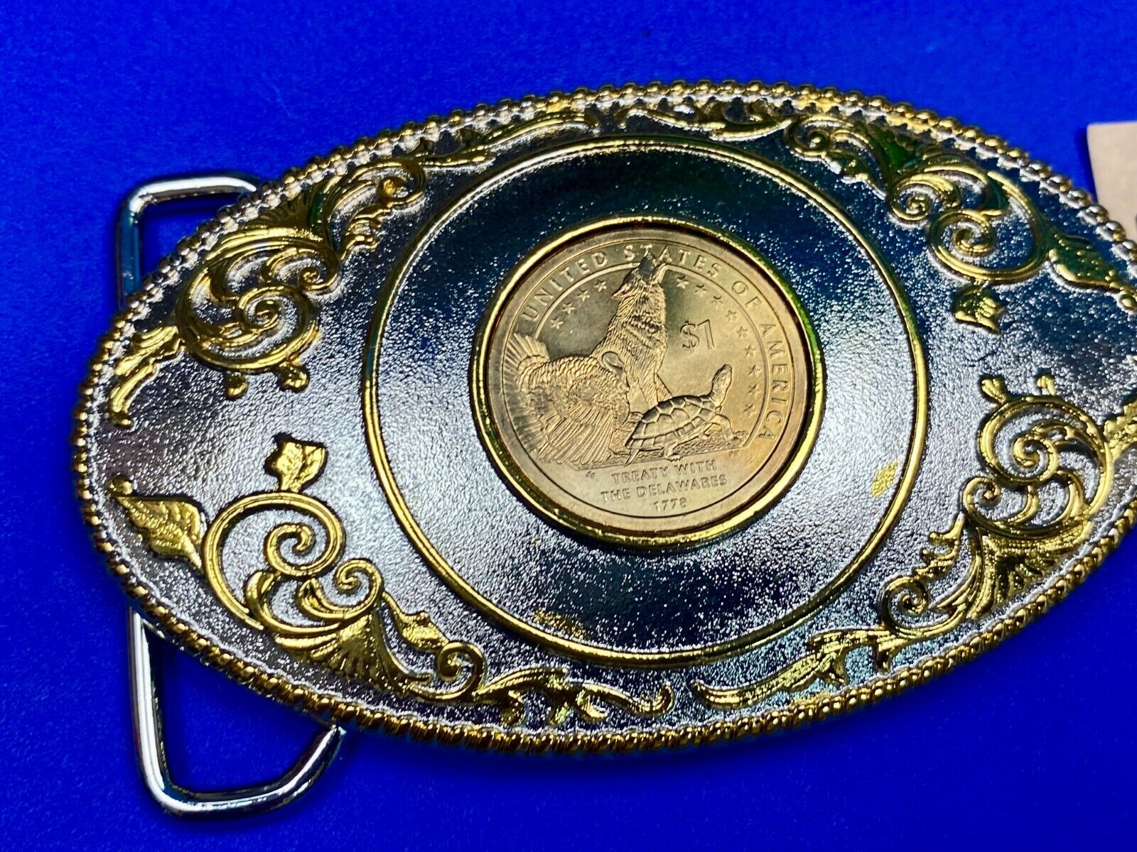 Treaty With Delaware First Commemorative Mint One Dollar Coin Belt Buckle & Coa