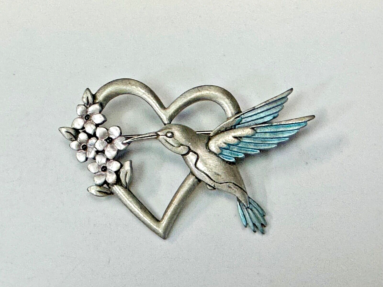 Vintage HUMMINGBIRD Brooch Pin Flowers & Heart Pewter Silver Tone Blue WIngs JJ
