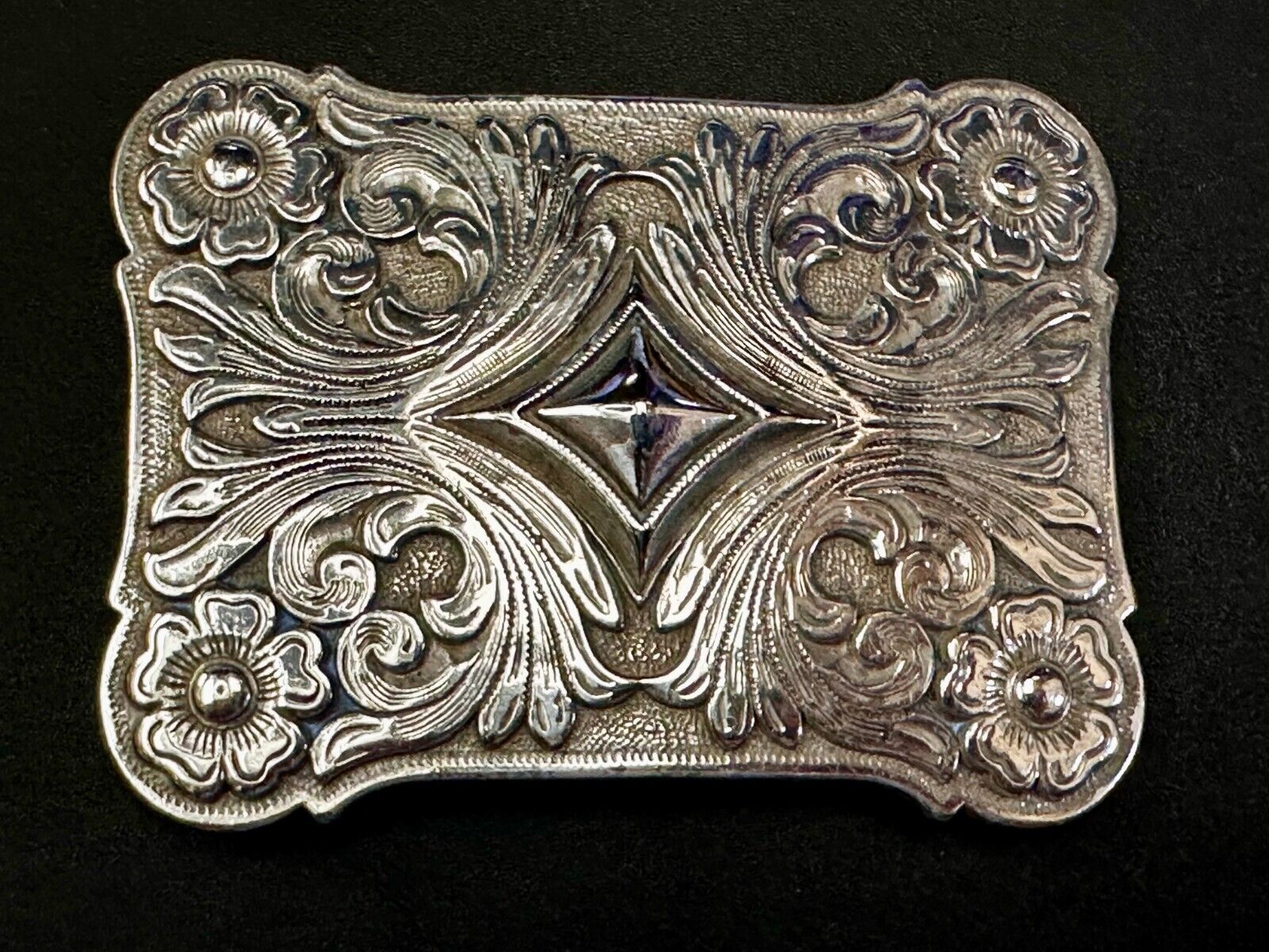 Vintage Ivan Brand Raised Diamond Center Flower Swirl Design Belt Buckle