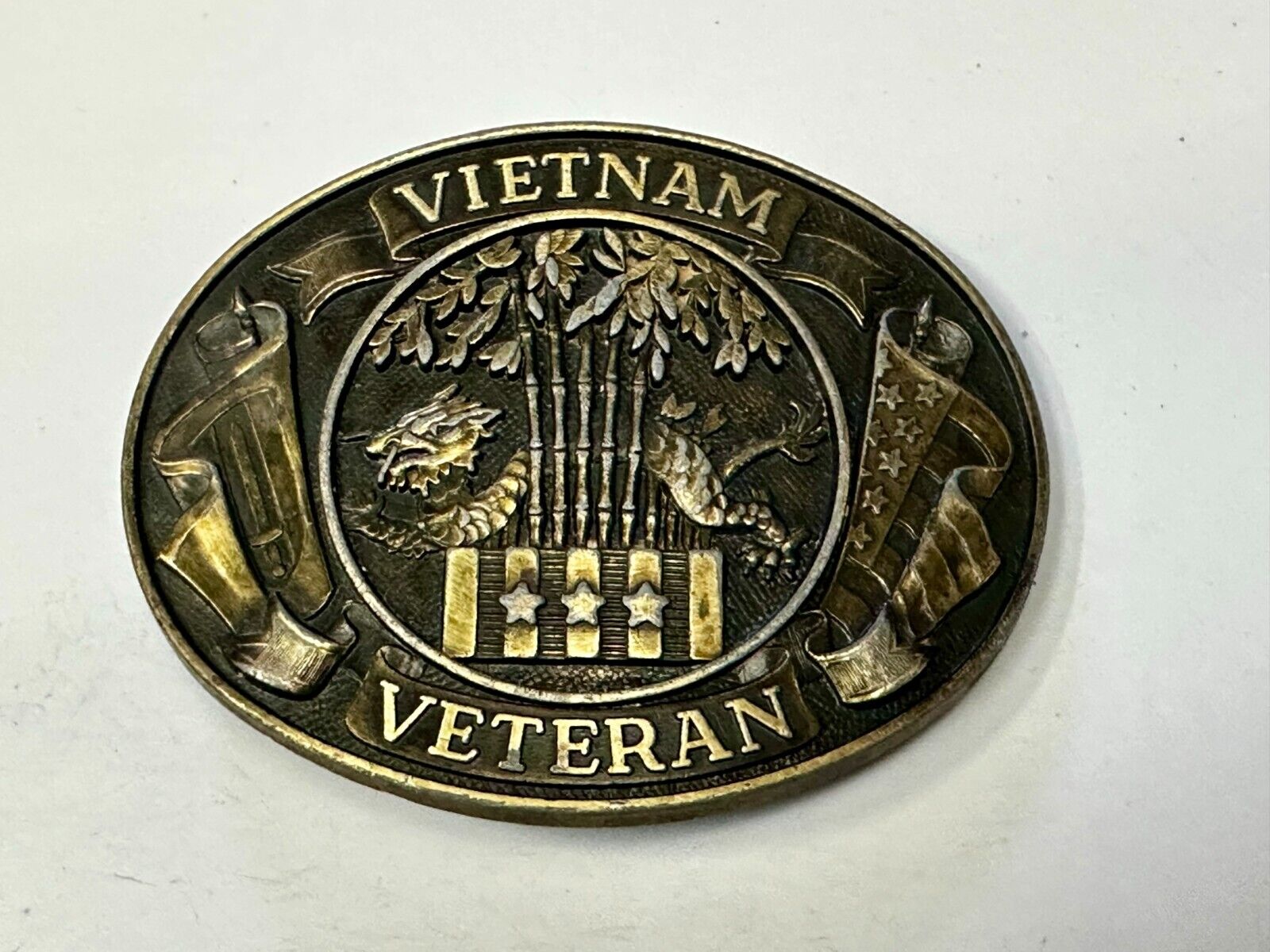 Vietnam Veteran Dragon Bamboo & Flag's Vsm Service Medal Logo Belt Buckle