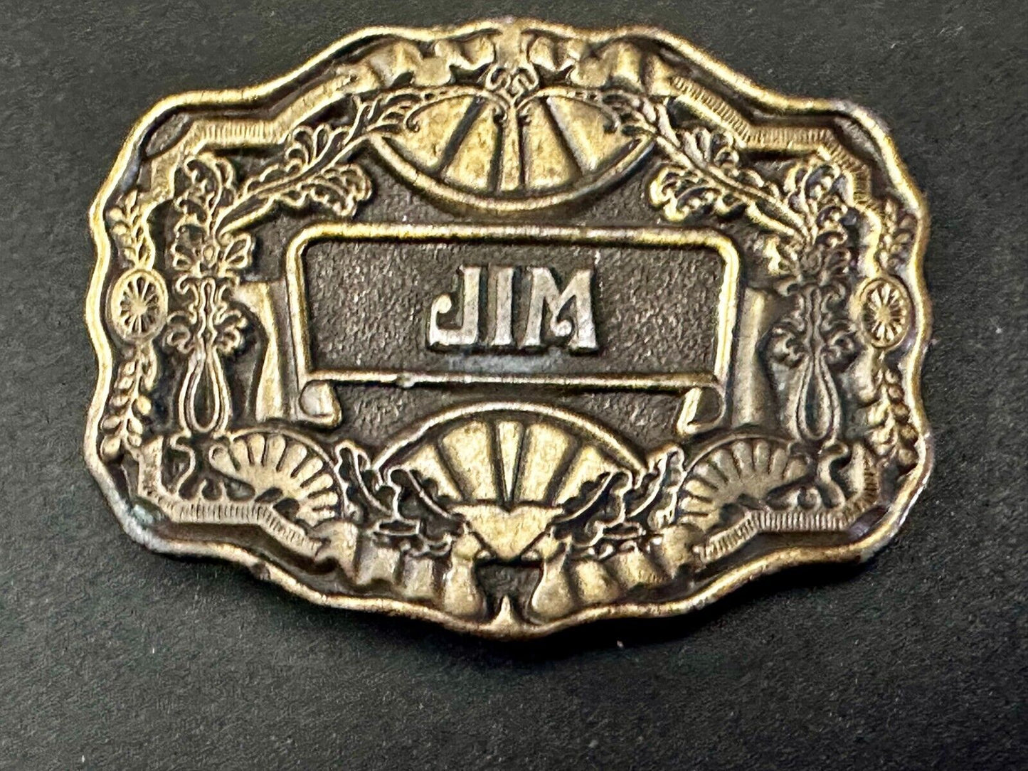 1970s  JIM Name - Custom Brass Tone Metal Oden USA Personalized Belt Buckle