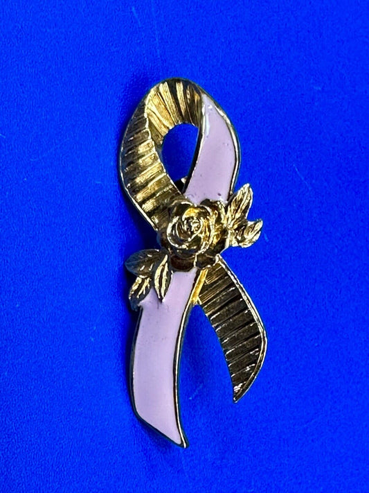 Avon Gold Tone Pink Enamel Ribbon Breast Cancer Awareness Brooch Pin 2"