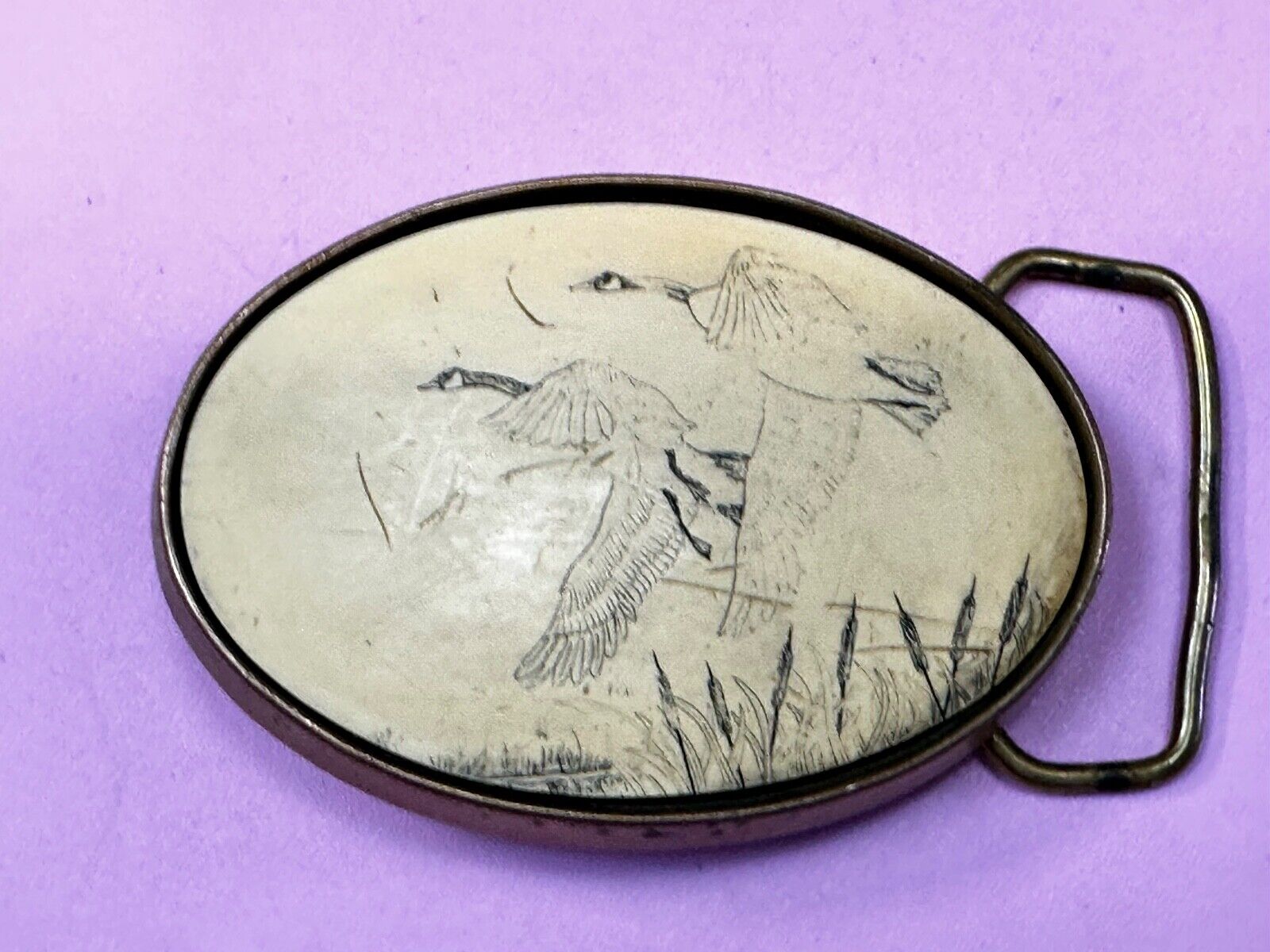 Two flying Ducks - Faux Scrimshaw Drawing Style Vintage Belt Buckle by Barlow