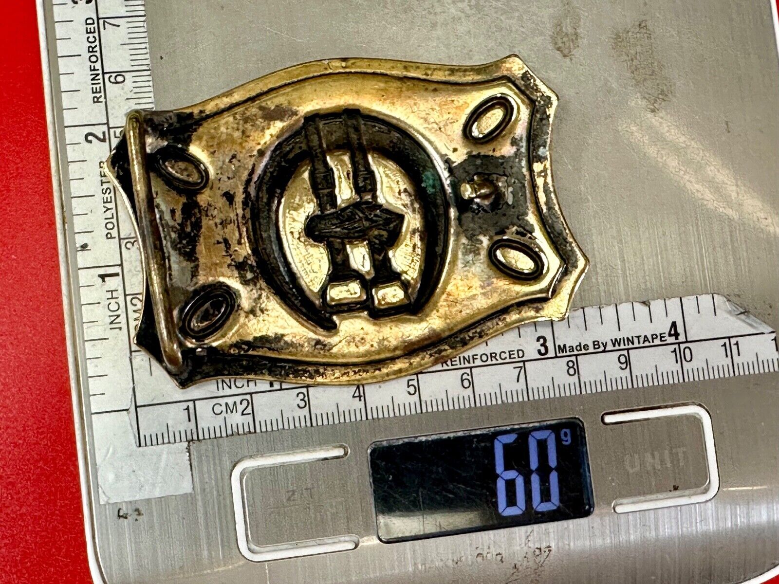 Vintage horse, head &  stirrups western lucky horseshoe belt buckle