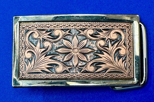 Vintage Brown Colored Etched Leaf Pattern Rectangular Belt Buckle
