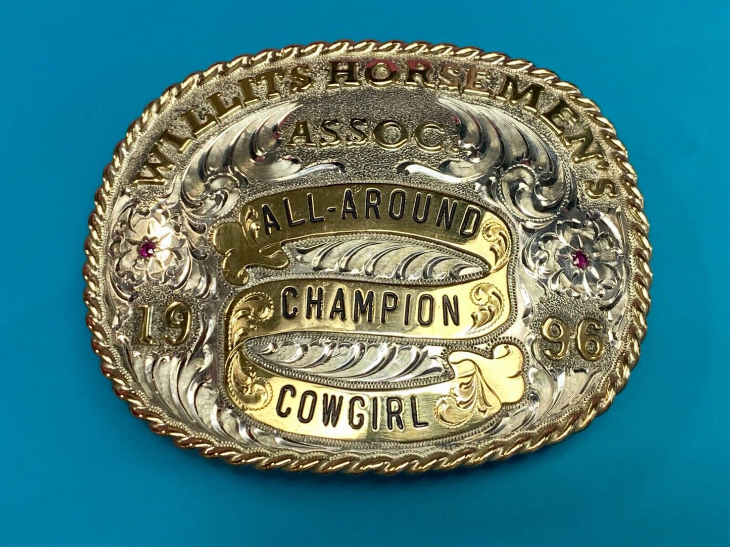 All Around Champion Cowgirl Willits Horsemen's Assoc 96 Trophy belt buckle by Gj