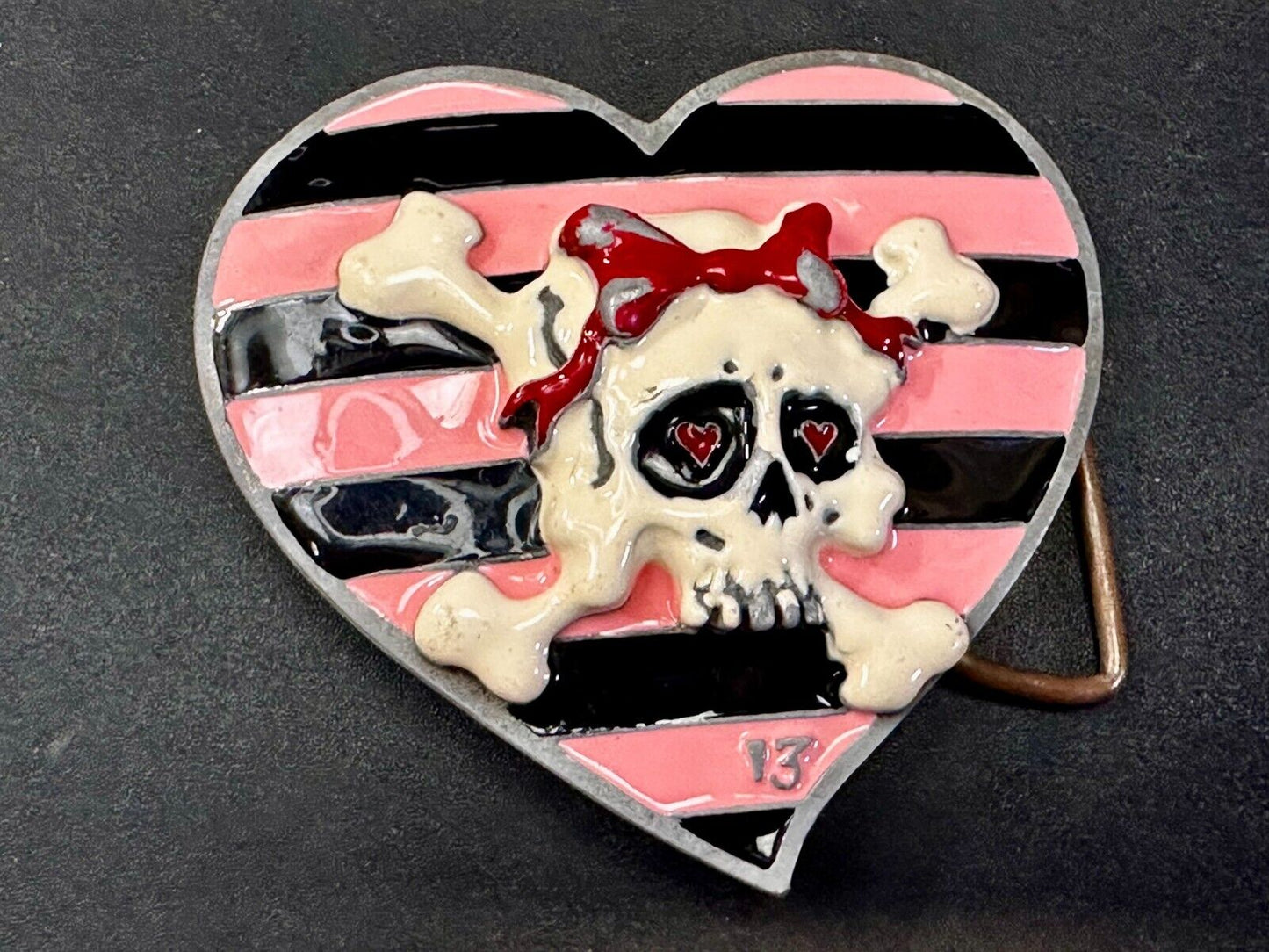 3D Heart Shaped Skull with Bow Cross Bone Ladies Belt Buckle Lucky 13 Apparel