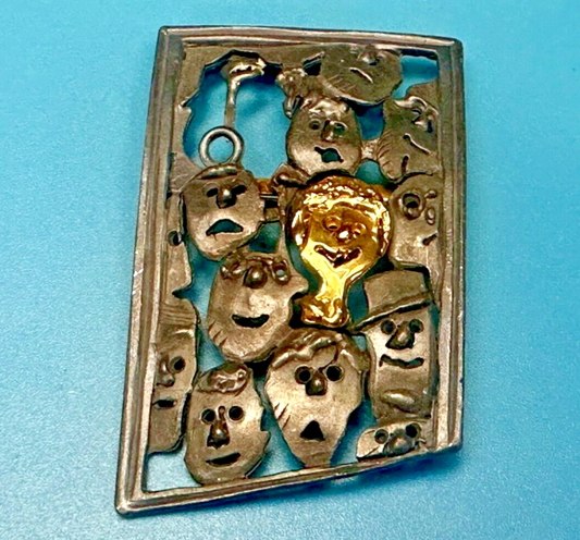 The Standout!  Many Faces in Asymmetric Frame Vintage Pewter Brooch Pin by Ultra