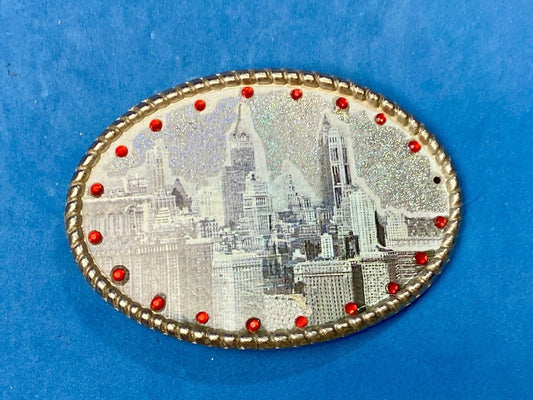 Black & White Cityscape Red Rhinestones Oval belt buckle