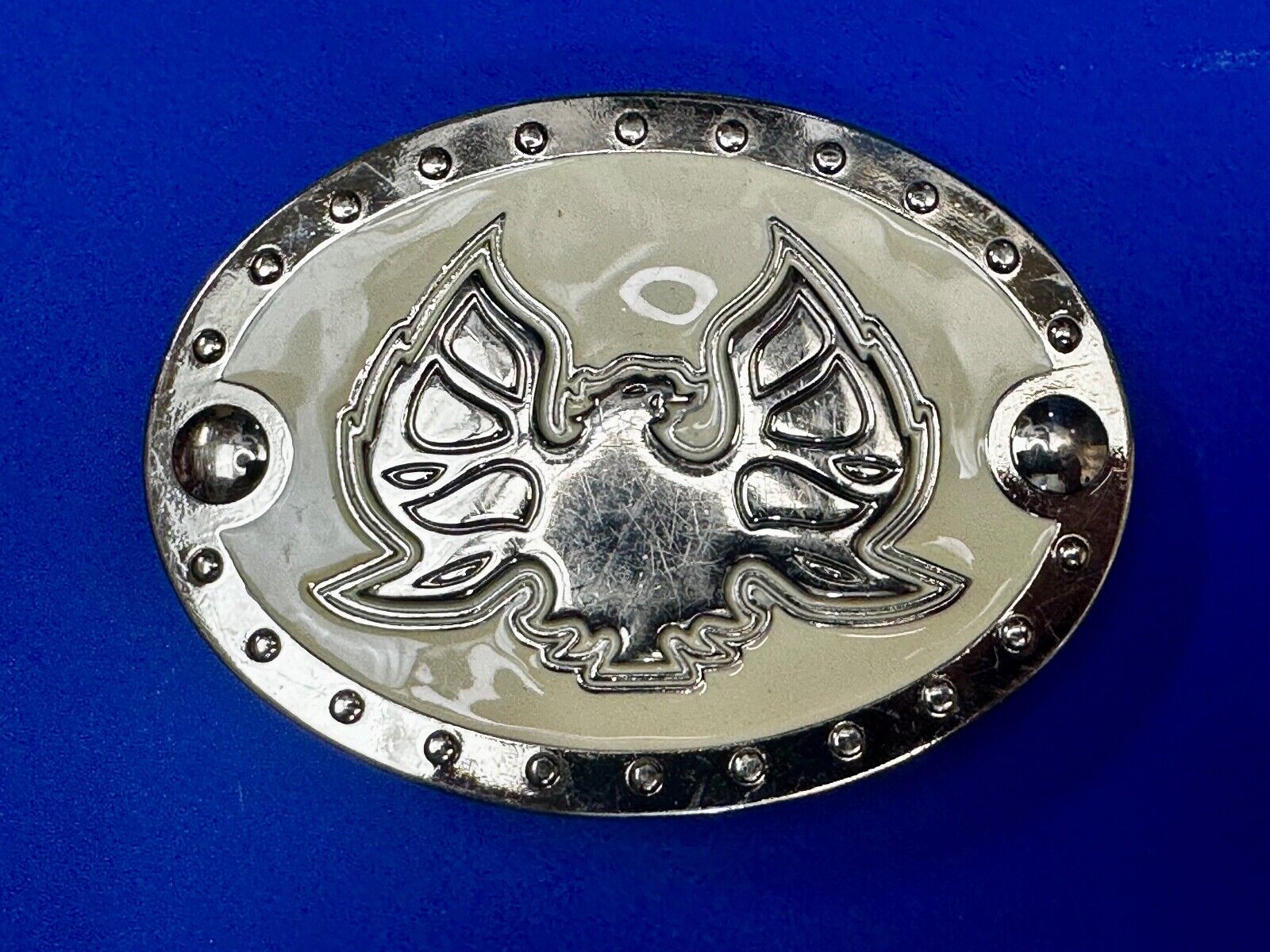 Thunderbird Eagle? Cream Color Enamel Studded Oval Silver Tone Belt Buckle