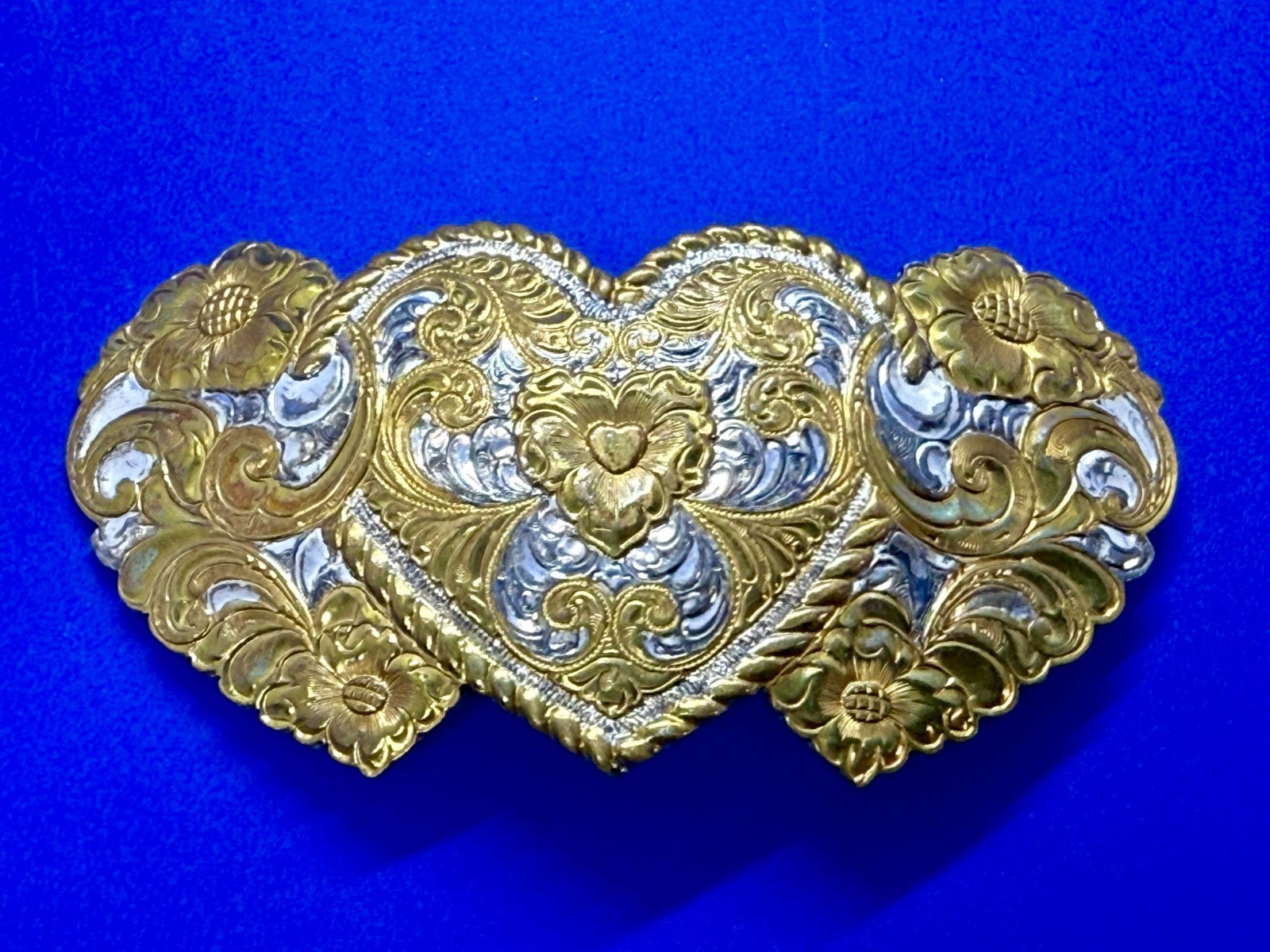Triple Heart Shaped Heavy Silver Plate on Jewelers' Bronze Crumrine Belt Buckle