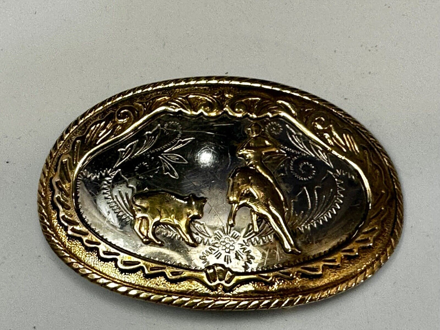 Beautiful Cowboy Ropeing Scene Vintage German Silver Belt Buckle - Awesome Detai