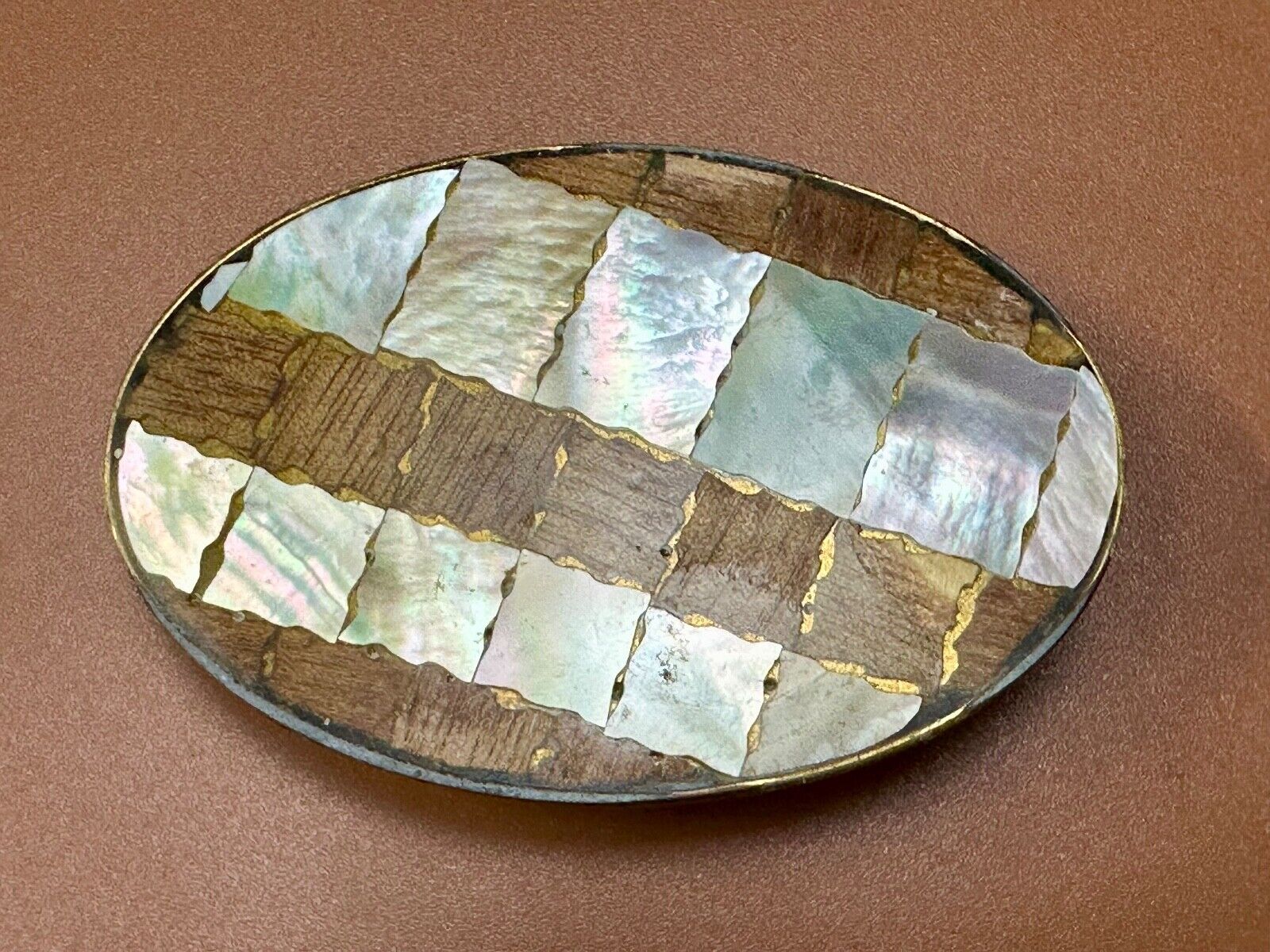 Abalone Shell and wood squares in Vintage oval belt buckle - See Hallmark!