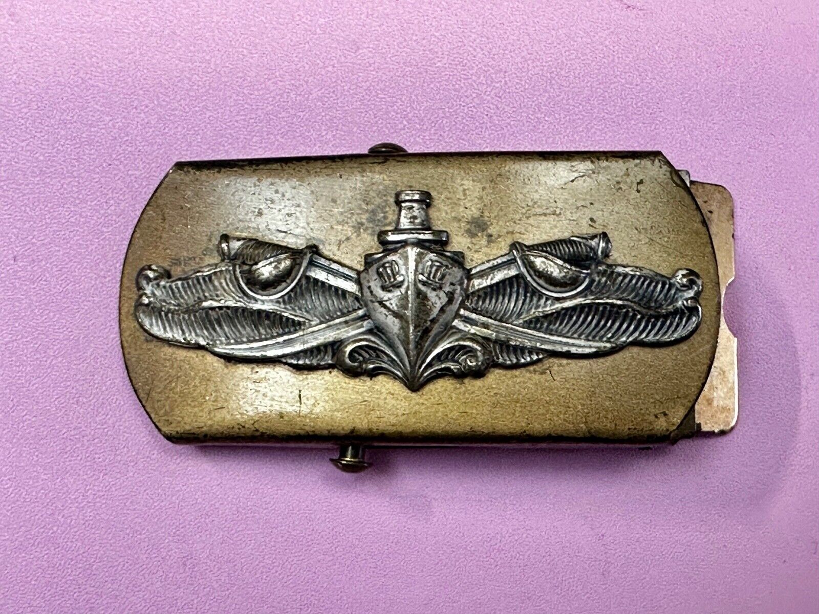 US Navy Air Warfare Specialist Military Silver Brass Tone Vintage Belt Buckle