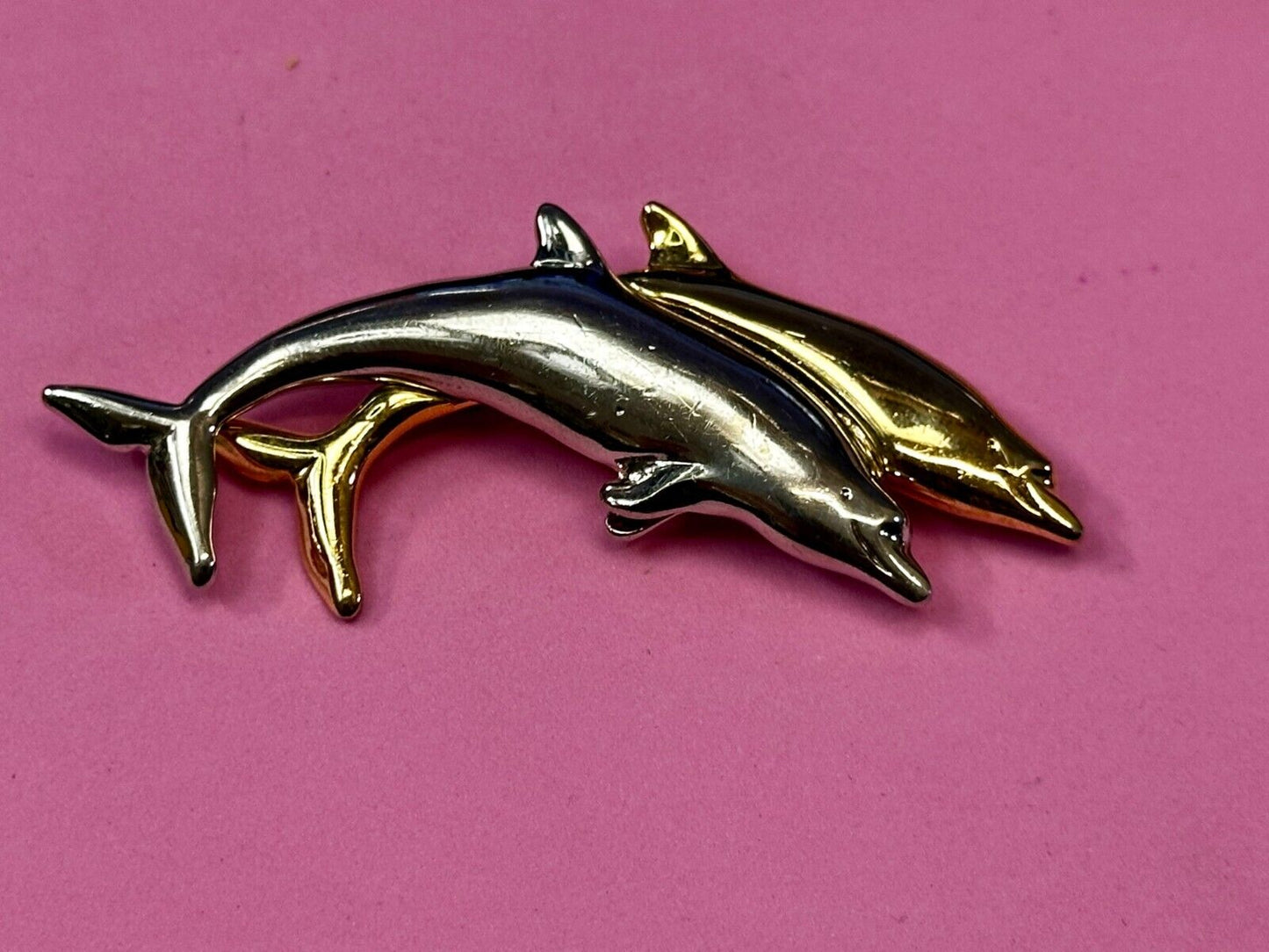 Two Dolphins Silver & Gold Tone Vintage Brooch Pin Signed Liz Claiborne