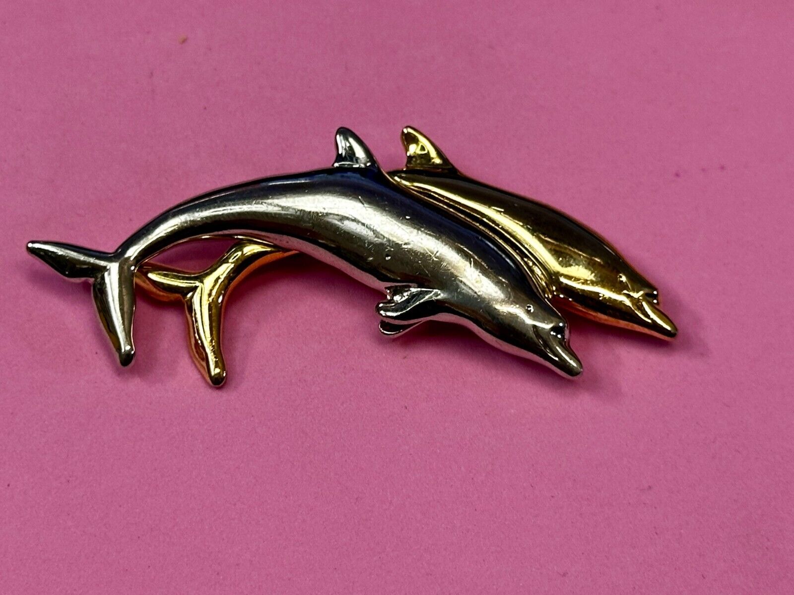 Two Dolphins Silver & Gold Tone Vintage Brooch Pin Signed Liz Claiborne