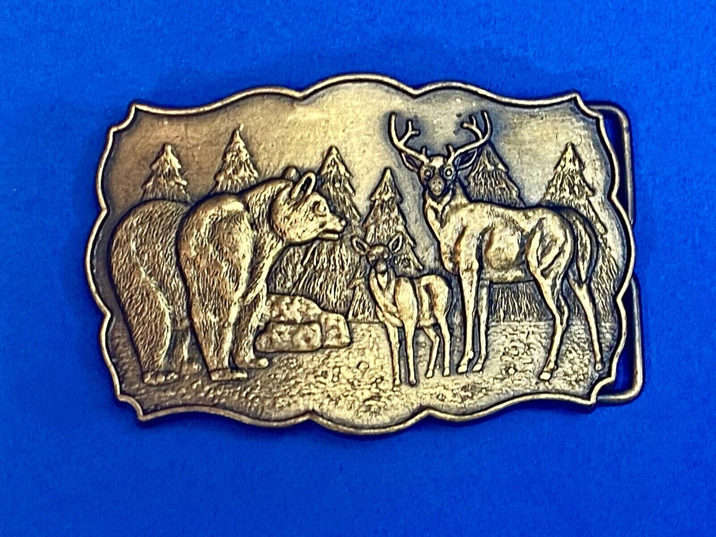 Vintage Deer & Doe With Grizzly Bear In Pine Trees Nature Scene Belt Buckle 