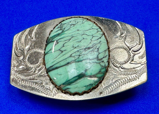 Variscite? Green  Gem Stone Cabochon Centerpiece on Nickel Silver Belt Buckle