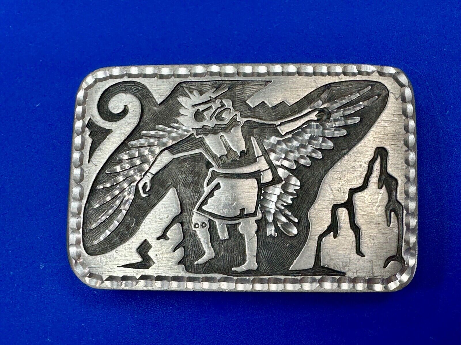 Unique Carving Ancient Mayan God Man Wings etched pewter vintage belt buckle