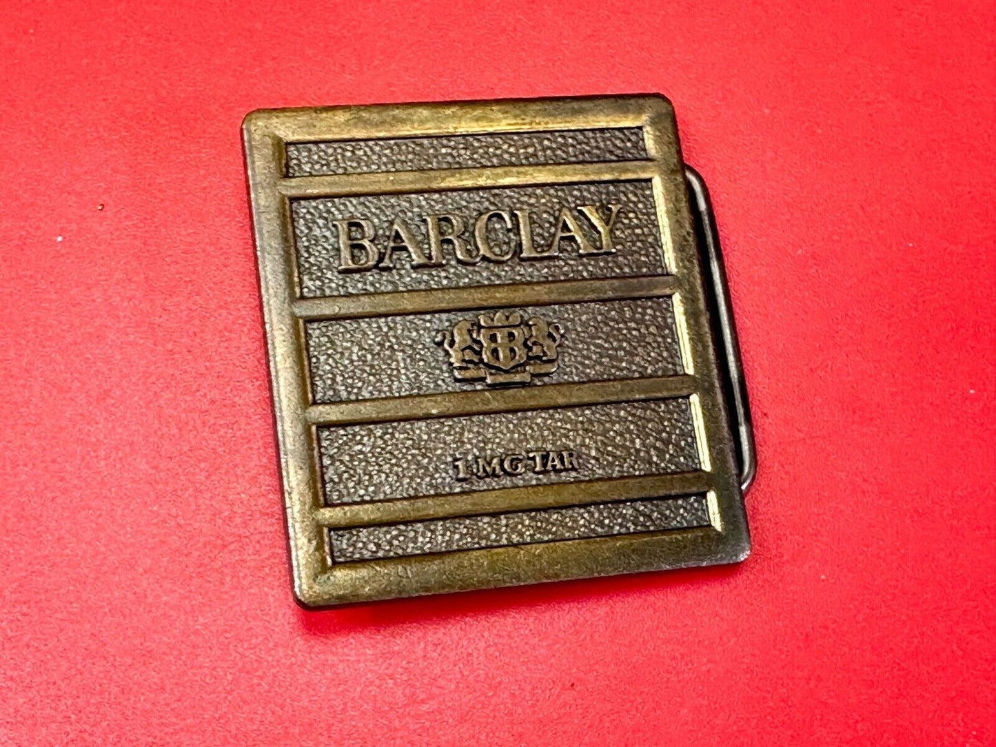 1970's Barclay Cigarettes Tobacciana RJ Reynolds Box Label 1mg Tar belt buckle