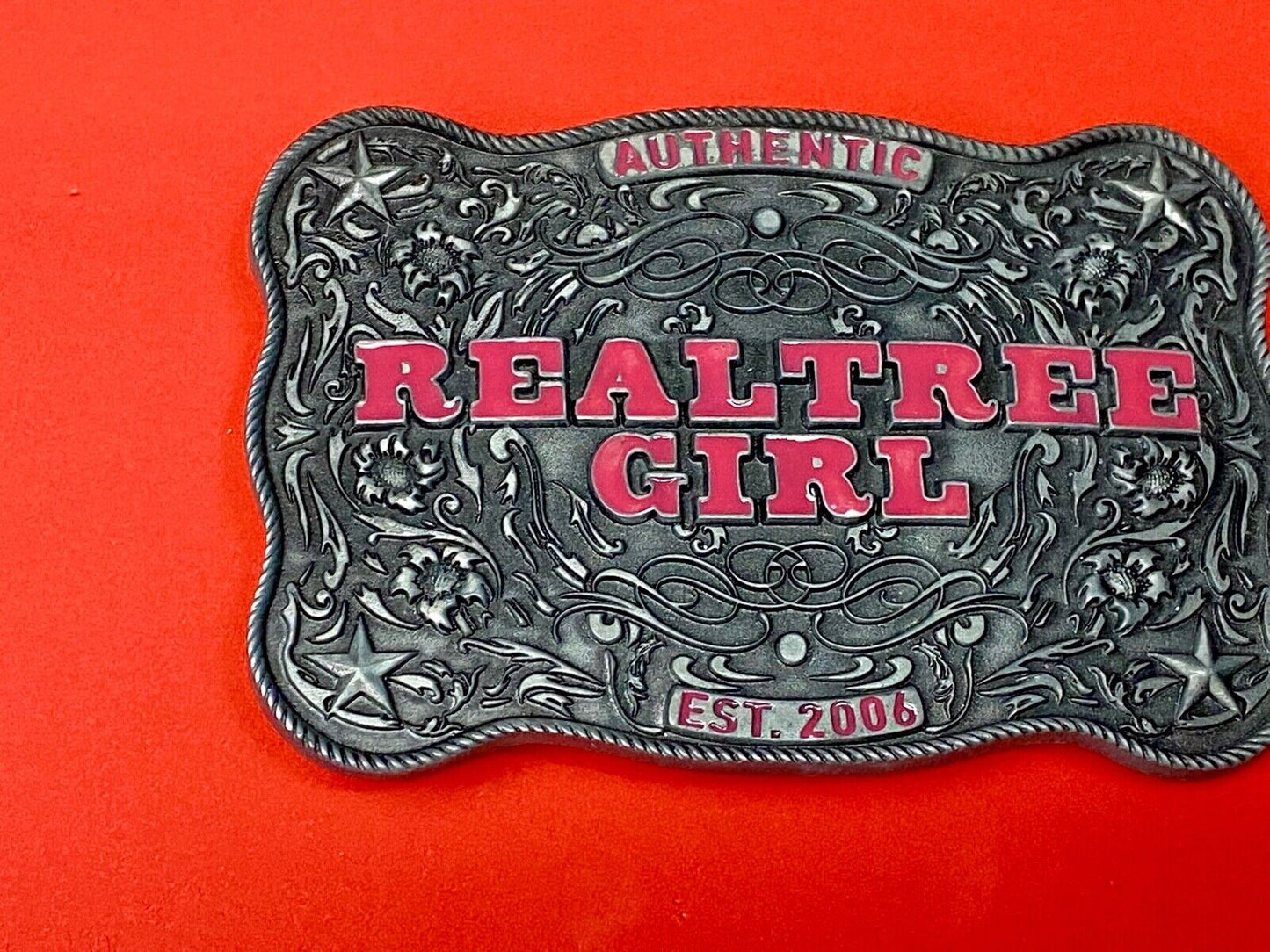Authentic Realtree Girl Girlie Western Cowgirl Pink Lettering Ornate Belt Buckle